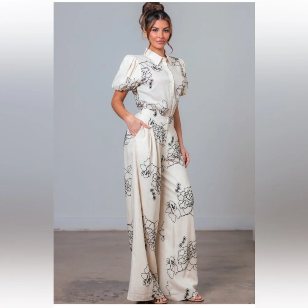 255. Embroidered Cream Floral Bubble sleeve Wide-Leg pants set - Picture 5 of 7